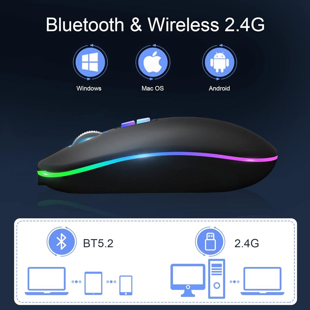 Bluetooth Mouse, LED Wireless Mouse Rechargeable, Dual Mode Wireless Laptop  Mouse, DPI Adjustable Bluetooth Wireless Mouse for Laptop, MacBook, iPad,  Chromebook, with USB & Type-c Receiver - ecay