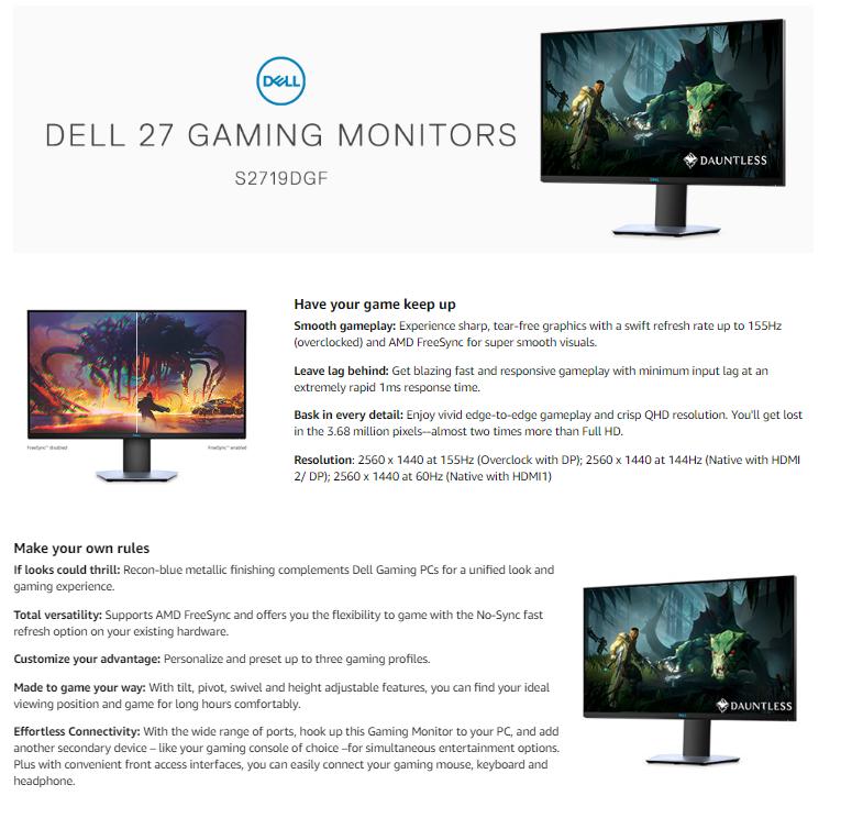 Used - Like New) Dell S-Series 27-Inch Screen LED-Lit Gaming Monitor ( S2719DGF); QHD (2560 x 1440) up to 155 Hz; 16:9; 1ms Response time; HDMI   - ecay