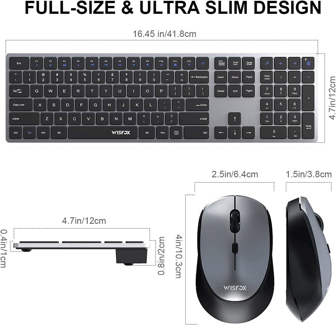 Wireless Keyboard and Mouse, WisFox Full-Size Wireless Mouse and Keyboard  Combo, 2.4GHz Silent USB Wireless Keyboard Mouse Combo for PC Desktops